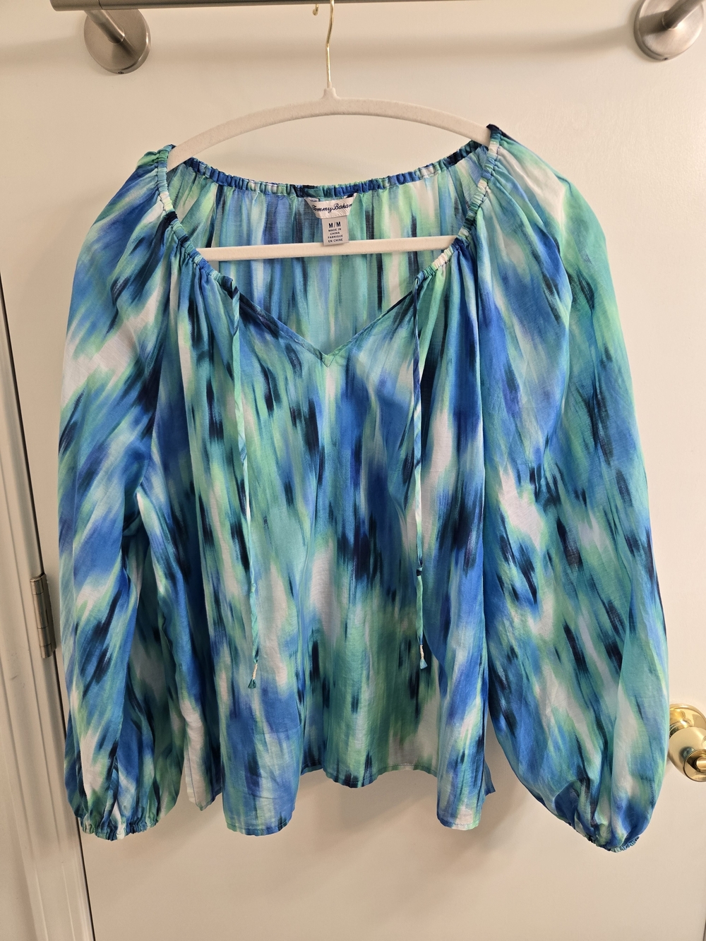 Tommy Bahama Silk Cotton Blue-Green Printed Peasant Top Lightweight Long Sleeve